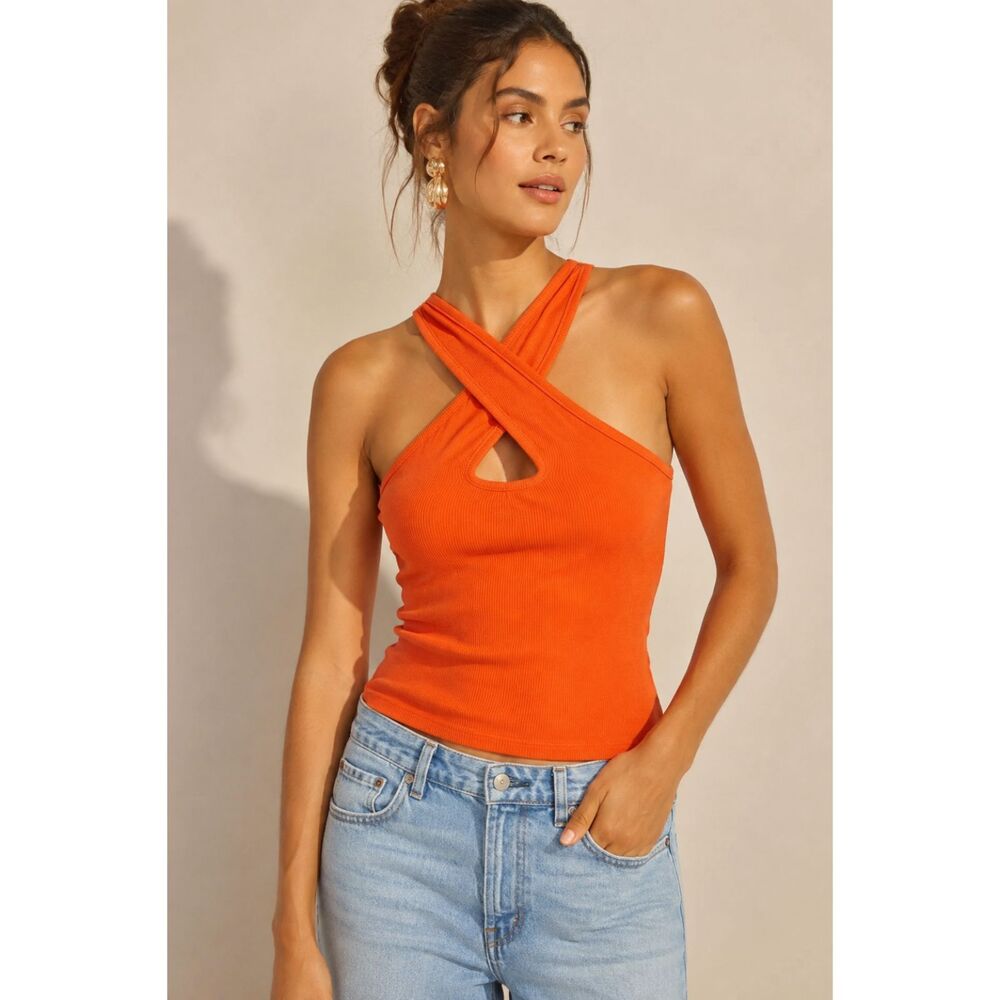 Anthropologie Orange Ribbed Knit Criss Cross Front Tank Top NWT